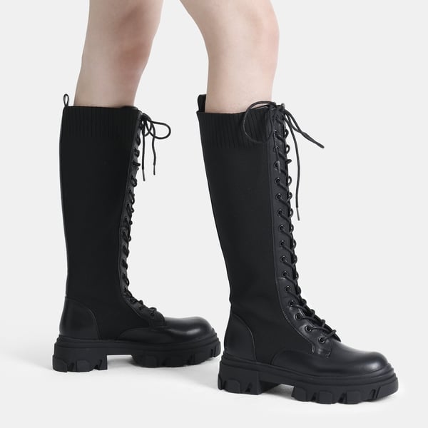 Lace Up Knee High Boots - BLACK KNITTING - 1